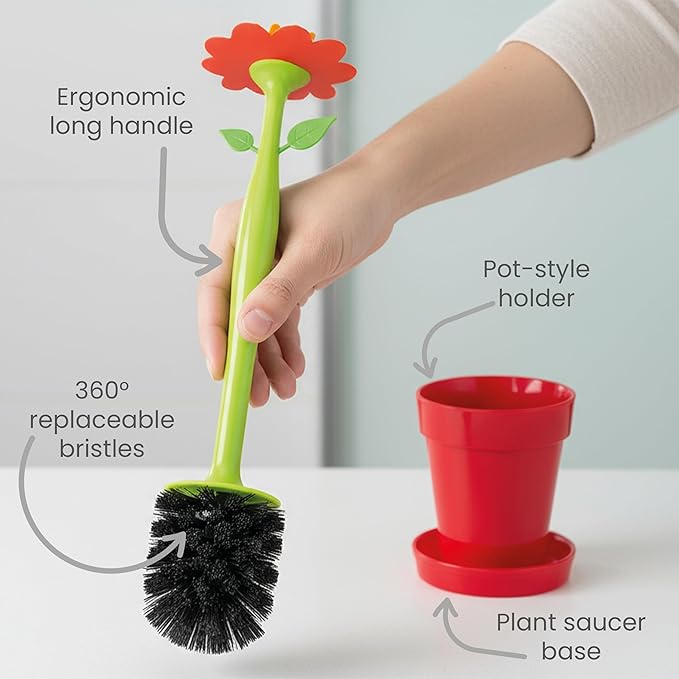 Vigar Flower Power Toilet Brush and Holder Set, Toilet Bowl Cleaner with Daisy-Shaped Handle, Flowerpot Base and Saucer, for House and Bathroom, Red
