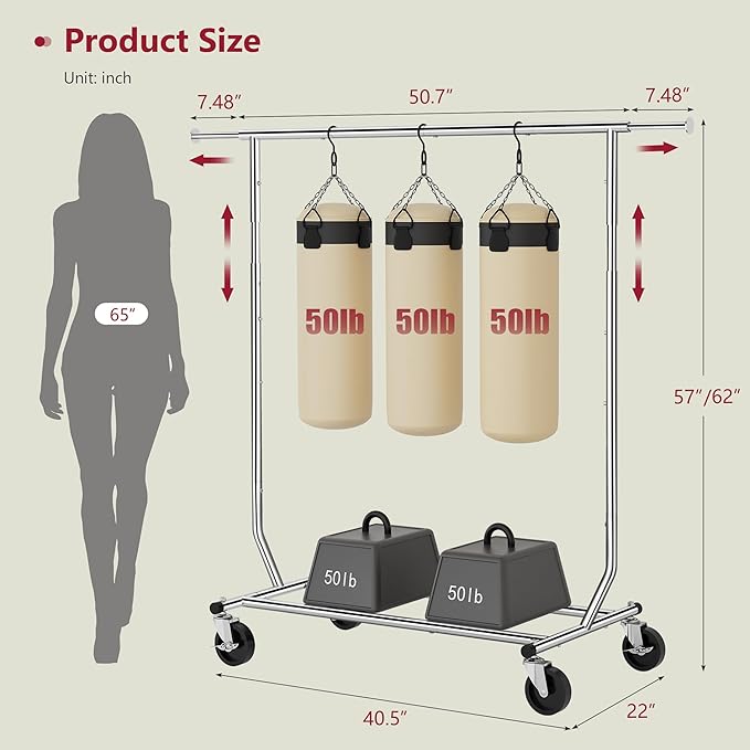 Tajsoon Clothing Rack Heavy Duty Clothes Racks Foldable Garment Rack with Wheels and Extendable Rod, Collapsible Clothing Rack Max Capacity 250lbs, Industrial Rolling Racks with Bottom Shelf, Chrome