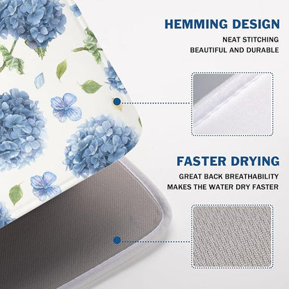 Spring Summer Hydrangea Dish Drying Mat for Kitchen Counter 18 x 24 Inch Blue Floral Dish Drainer Mat Absorbent Microfiber Dish Rack Pad for Holiday Coffee Dining Bar Decor