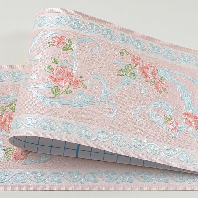 AbaBoorty Pink Flower Pattern Wallpaper Trim - 196"X4.1" Self-Adhesive Wall Border Sticker Decor for Bedroom & Living Room Walls
