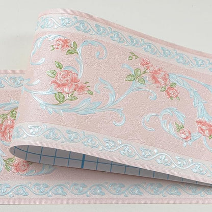 AbaBoorty Pink Flower Pattern Wallpaper Trim - 196"X4.1" Self-Adhesive Wall Border Sticker Decor for Bedroom & Living Room Walls