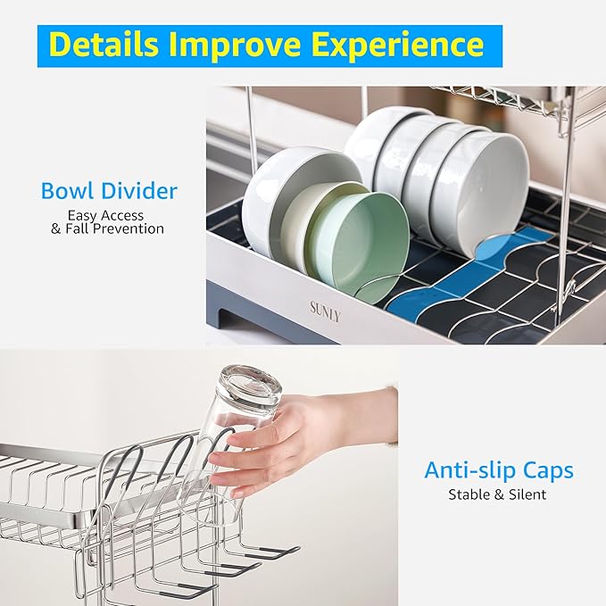 SUNLY Large Dish Drying Rack, Multipurpose 2 Tier Dish Racks for Kitchen Counter, 304 Stainless, Extra Large Drain Board, Gray