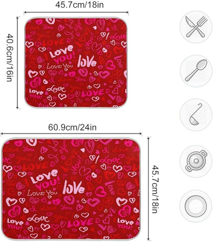 Happy Valentine's Day Dish Drying Mat for Kitchen Red Pink Heart Love Words Microfiber Drying Mats Absorbent Reversible Dish Pad Medium Dish Draining Mat 16x18 inch