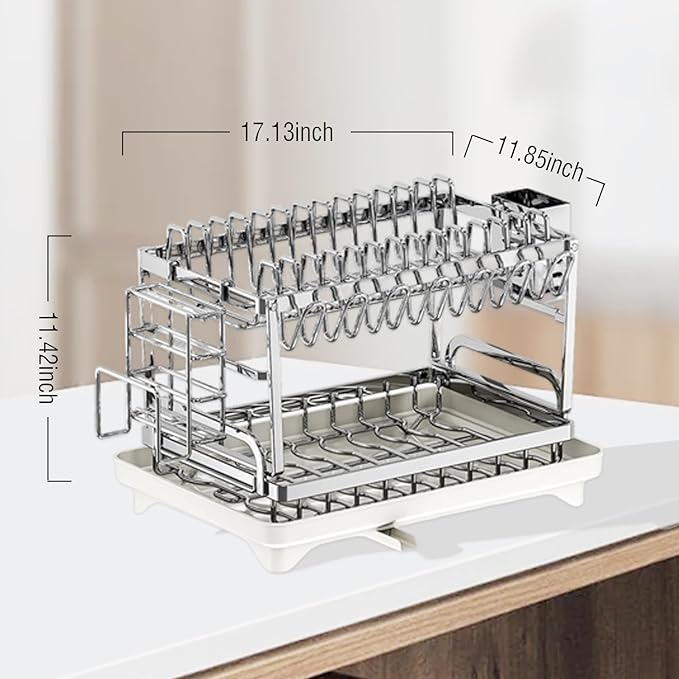 Bowl and Dish Drying Rack, 2-Layer Stainless Steel Kitchen countertop Drain Rack with Drain Plate, Suitable for Plate Cup/Knife/Bowl Dish Sorting Rack, Capable of draining Bowls and Dishes