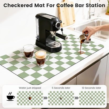 17" x 32" Checkered Dish Drying Mat for Kitchen Counter, Absorbent Coffee Bar Mat for Espresso Machine Coffee Countertops Accessories (Green)