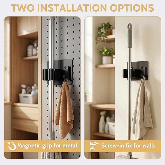 4pcs Magnetic Broom Holder Wall Mount, 12.13lbs Heavy Duty Mop and Broom Organizer, No Drill Tool Gripper for Garage Home Office Tool Organizer, RV & Living Room Essential (Black)
