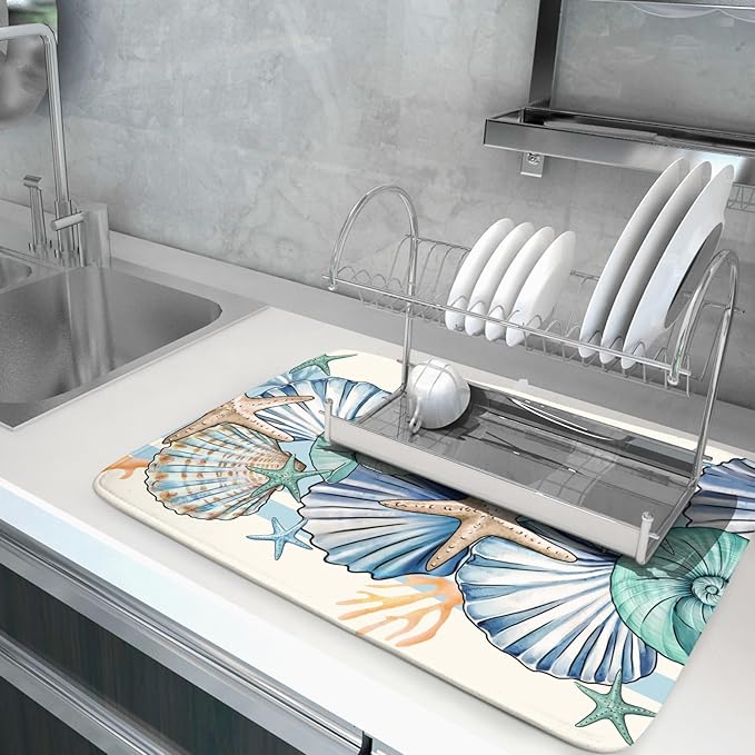 Sea Shell Starfish Summer Dish Drying Pad 18 x 24 Inch With Absorbent Reversible Microfiber Coastal Ocean Drying Mats Dish Drainer Mat Fast Dry For Kitchen Dining Room Decoration