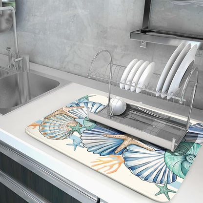 Sea Shell Starfish Summer Dish Drying Pad 18 x 24 Inch With Absorbent Reversible Microfiber Coastal Ocean Drying Mats Dish Drainer Mat Fast Dry For Kitchen Dining Room Decoration