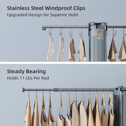 BIREN Clothes Drying Rack Foldable Extending Laundry Rack with 16 Clips Collapsible Clothing Rack Space-Saving Clothing Racks for Hanging Clothes, Indoor, Camping, Balcony, Outdoor