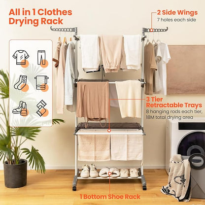 Tangkula 4-Tier Foldable Clothes Drying Rack, Oversized Drying Rack w/Lockable Wheels & Rust-Proof Metal Frame, Indoor Outdoor Large Drying Hanger w/Adjustable Gullwings, Movable Laundry Hanger