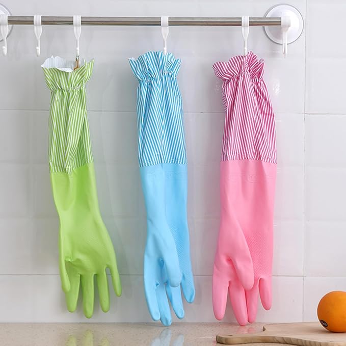 RARITYUS Household Kitchen Cleaning Gloves Waterproof Cotton Lined Dishwashing Non-Slip Long Cuff Gloves