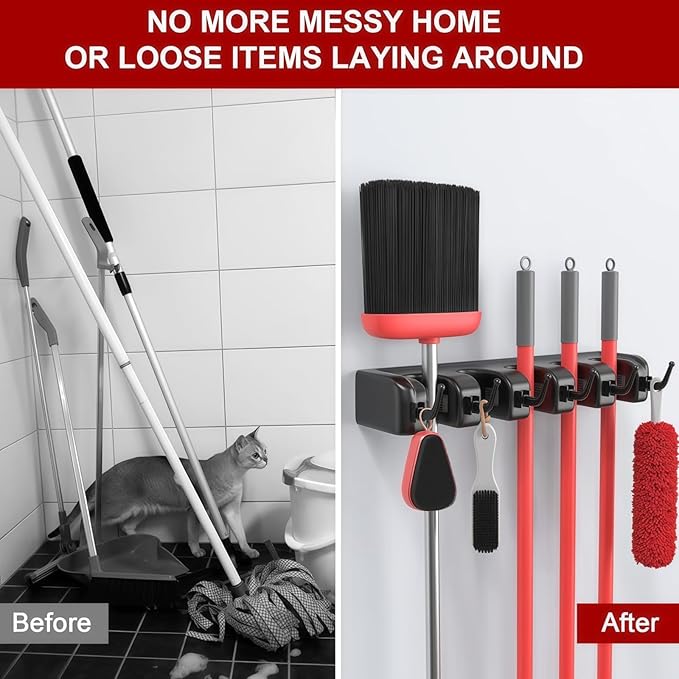 Broom Holder Wall Mount, Heavy Duty Mop Holder Wall Mount with Hooks & Slots, Garage Storage Wall Hanger for Shovel, Rake, Kitchen, Laundry & Shed