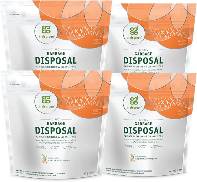 Grab Green Naturally-Derived, Tangerine with Lemongrass, 12 Pods (4-Pack), Mineral-Based Garbage Disposal Cleaner & Freshener
