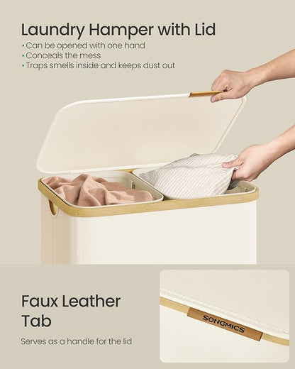 SONGMICS Laundry Hamper, Laundry Sorter with Lid, Storage Basket Bin, Removable Liners, Bamboo Frame, for Bedroom, 2 Sections, 39.6 Gal. (150 L), Cream White ULCB532WD01