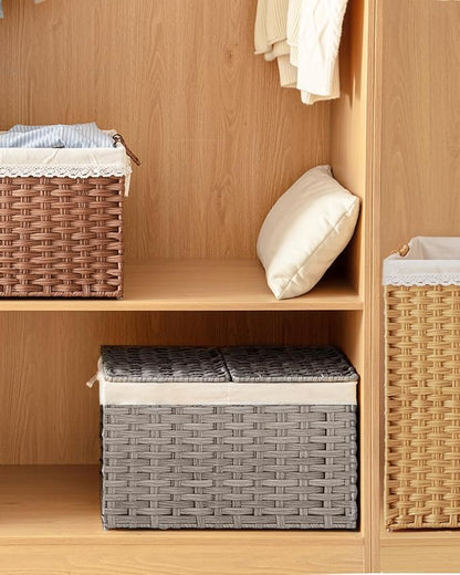 Storage Basket with Lid, PE Rattan Woven Storage Baskets with 2 Separate Lids, 17.2 Gallon (65 L), 22.2 x 13 x 13.8 Inches, 2 Removable Liner Bags Handles for Bedroom, Laundry Room Gray
