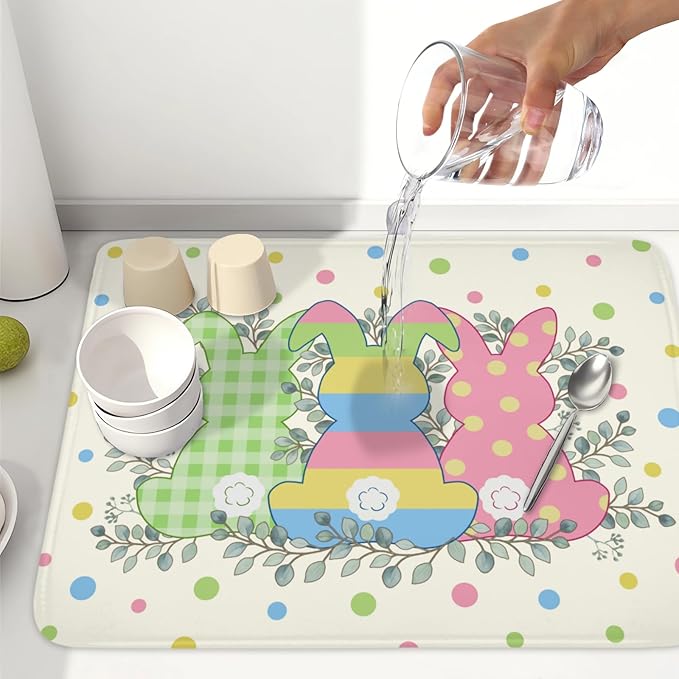 Easter Bunny Dish Drying Mat for Kitchen Counter Cute Rabbit Colorful Polka Dots Pattern Drying Mat 18x24 Inch Spring Holiday Absorbent Dish Drainer Mat Kitchen Accessories