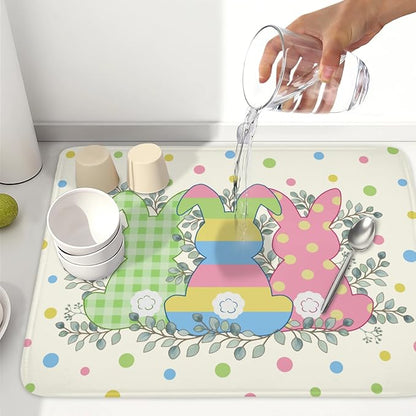 Easter Bunny Dish Drying Mat for Kitchen Counter Cute Rabbit Colorful Polka Dots Pattern Drying Mat 18x24 Inch Spring Holiday Absorbent Dish Drainer Mat Kitchen Accessories