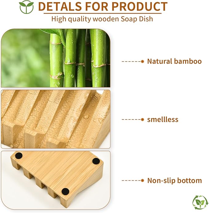 SUBEKYU Bamboo Soap Dish Self Draining Wooden Bar Soap Holder Soap Saver for Shower Slope Drainage Design with Waterproof Layer Wood Soap Dish for Bathroom and Kitchen，2PCS