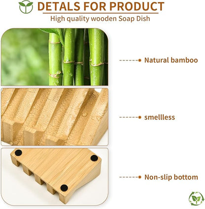 SUBEKYU Bamboo Soap Dish Self Draining Wooden Bar Soap Holder Soap Saver for Shower Slope Drainage Design with Waterproof Layer Wood Soap Dish for Bathroom and Kitchen，2PCS