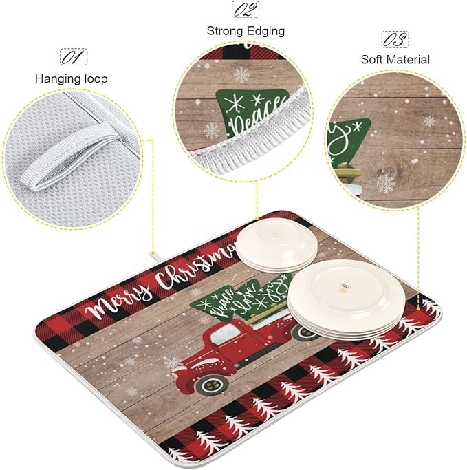 Christmas Dish Drying Mat 18 x 24 Inch with Hanging Loop High Absorbent Reversible Microfiber Red Truck Buffalo Check Plaid Dish Mat Dish Drying Pad Dish Rack Pad Drainer Mat Counter Mat