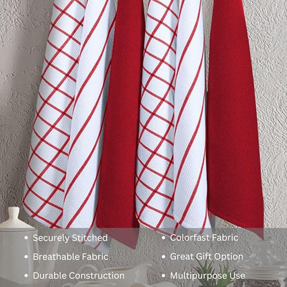 Assorted Waffle Kitchen Towels 100% Cotton Set of 6 - Heavy Duty 320 GSM Quality Dish Cloths - Soft Absorbent Washable for Kitchen Use - Quick Drying Dish Towel 16x26 inch Red