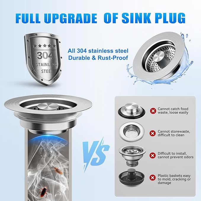3 in 1 Kitchen Sink Drain Strainer, Universal Pop Up Stopper with Brass Core & Removable Stainless Steel Filter Basket, Anti-Clogging Sink Drain Strainer for US Standard 3-1/2'' Drain Hole