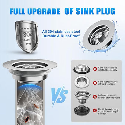 Kitchen Sink Drain Strainer 3-in-1,Pop-Up Stopper & Anti-Clogging Basket - 304 Stainless Steel Sink Strainer Anti-Clogging Sink Drain Strainer for US Standard Kitchen Drain