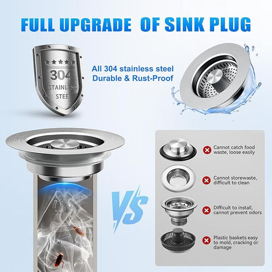 Kitchen Sink Drain Strainer 3-in-1,Pop-Up Stopper & Anti-Clogging Basket - 304 Stainless Steel Sink Strainer Anti-Clogging Sink Drain Strainer for US Standard Kitchen Drain