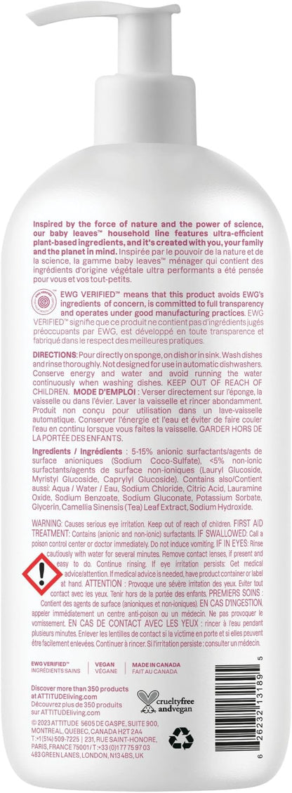ATTITUDE Baby Bottle & Dish Soap, EWG Verified Bottle Cleaner, Fragrance Free & Dye Free, Removes Milk Residue & Grease, Vegan, Unscented, 33.8 Fl Oz