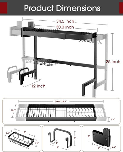 Sakugi Over The Sink Dish Drying Rack, Expandable 2-Tier Stainless Steel Kitchen Storage Organization Accessories for Countertop, Rustproof & Space-Saving, 30"–34.5" L x 12" W x 25" H, Black
