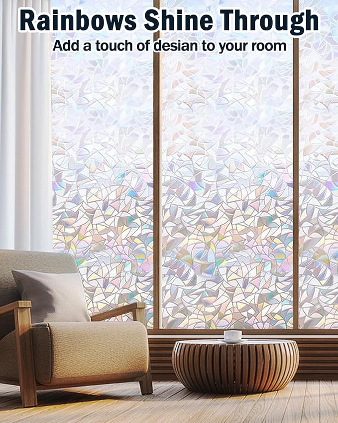 Rainbow Window Privacy Film with Installation Tools, 3D Decorative Vinyl, Stained Glass Decals, Removable, Peep-Proof, Static Cling, Heat Control (23.6 x 78.7 Inch)