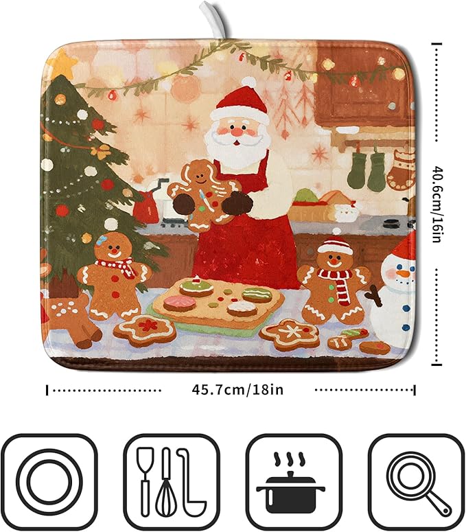 Christmas Dish Drying Mat for Kitchen Counter 16x18 Santa Claus Gingerbread Winter Xmas Holiday Themed Absorbent Reversible Microfiber Drying Mats Kitchen Countertop Protector Dishes Drainer Rack Pad