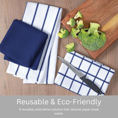 Assorted Waffle Kitchen Towels 100% Cotton Set of 6 - Heavy Duty 320 GSM Quality Dish Cloths Towel - Soft Absorbent Washable for Kitchen Use - Quick Drying Dish Towel 16x26 inch Blue