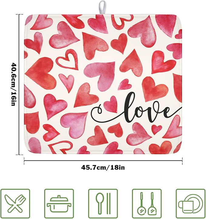 Valentine's Day Dish Drying Mat 16 x 18 Inch Heart Shaped Dish Drying Pad Absorbent Microfiber Mats for Red and Pink Dish Rack Pad for Kitchen Counter Coffee Bar Decor