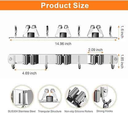 CUXIXA 2 Pack Mop and Broom Holder Wall Mount, Non-slip Broom Hanger, Heavy Duty Mop Broom Organizer for Kitchen Garden Garage Laundry Room Wall Decor Organization and Storage Silver 3R4H