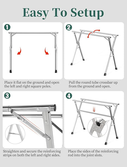 63 Inches Heavy-Duty Stainless Steel Folding Clothes Drying Rack Clothing Indoor Outdoor Anti-Rust 20 Windproof Hooks Portable & Foldable Laundry Rack (63'')