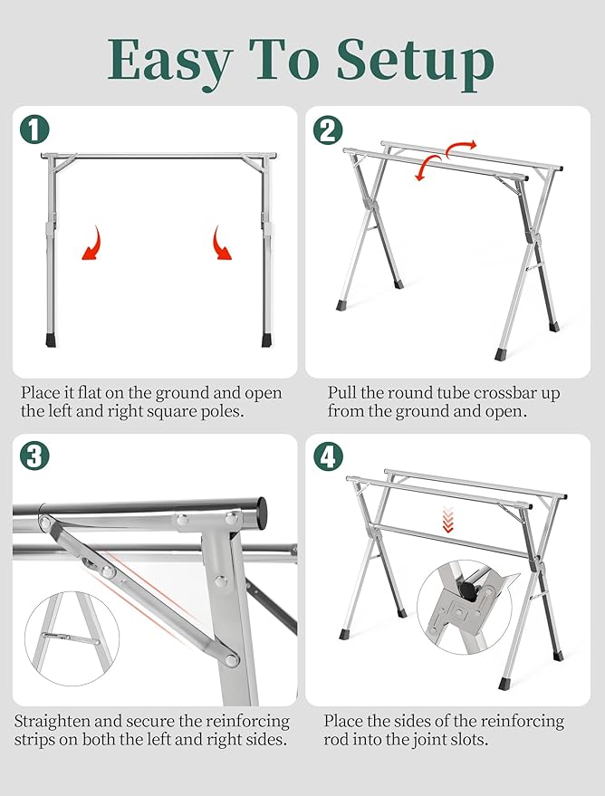 79 Inches Heavy-Duty Stainless Steel Folding Clothes Drying Rack Clothing Indoor Outdoor Anti-Rust 20 Windproof Hooks Portable & Foldable Laundry Rack (79'')