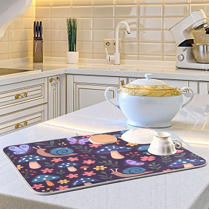 Mushroom with Snails Dish Drying Mat Absorbent Kitchen Pads for Counter Kitchen Dish Dryer 18 x 24 Mat under Dish Drainer