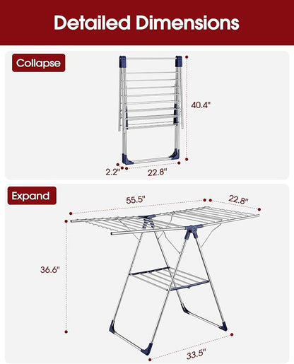 Clothes Drying Rack with Height-Adjustable Wings, Metal Foldable Laundry Dryer Stand for Clothing & Bedding, Free-Standing Collapsible for Indoor & Outdoor Use, 55.5" L × 22.8" W, Silver Blue