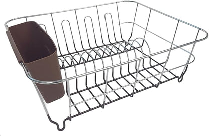 Dish Drying Rack & Cutlery Holder 2 Piece Set - Compact Sink-Fitting Dish Drainer with Rubberized Undercoating, Space-Saving Kitchen Organizer for Plates, Cups, Bowls & Utensils in Sink, Bronze Brown