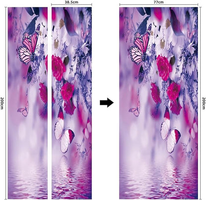 A.Monamour 3D Door Stickers for Interior Doors Red White Flowers and Butterflies Vinyl Waterproof Self Adhesive Door Mural Decals for Bedroom Office Bathroom 77x200cm