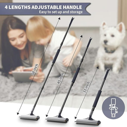 Carpet Rake for Pet Hair Removal - Reusable Dog & Cat Hair Remover with 58" Reinforced Steel Handle, 3-in-1 Professional Modular Rug Rake & Scraper Tool for Shag Rugs, Couch, Stairs (Gray)