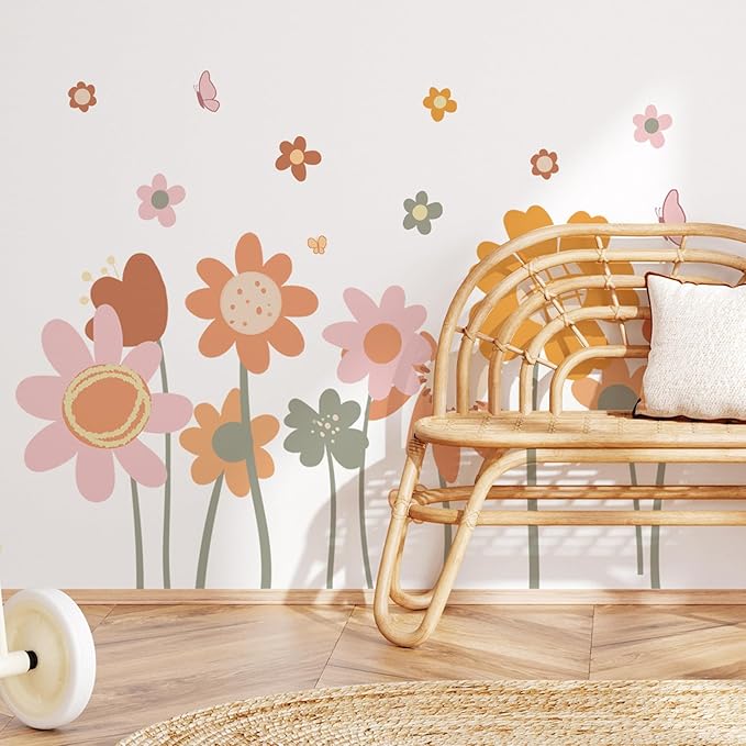 Cute Style Daisy Wall Decals Flower Wall Stickers Daisy Sticker Pink Yellow Flower Decal Peel and Stick Floral Wallpaper for Girls Bedroom Living Room Nursery Home Decor