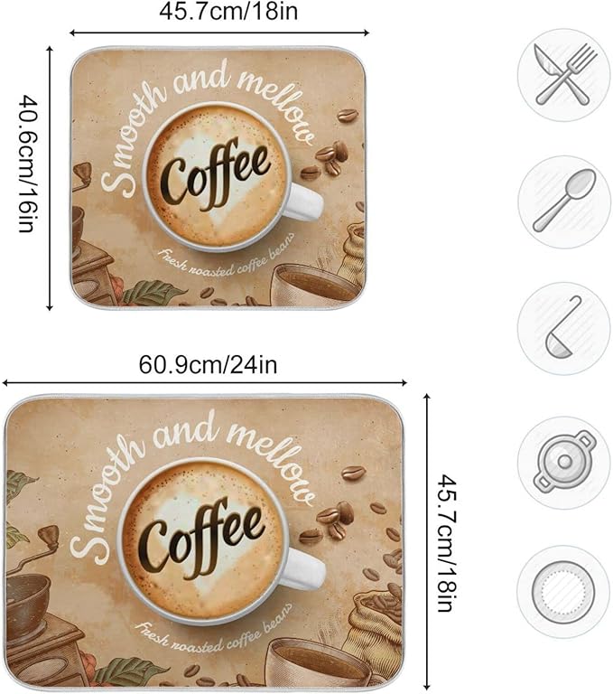 Super Absorbent Dish Drying Mat, Microfiber Fast-Drying Dish Mat, 24" x 18", Kitchen Dish Drying Pad, Coffee Cup Retro Brown
