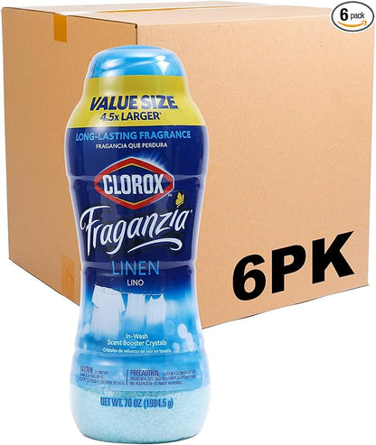 Clorox Fraganzia Laundry Scent Booster Crystals, In-Wash Fragrance Beads for Fresh-Smelling Clothes & Linens, Safe for All Fabrics & Colors, Easy-Pour Bottle, Linen Scent, 70 Oz - 6 Pack