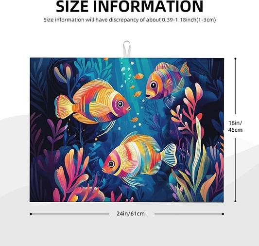 Colorful Fishes Ocean Dish Drying Mats for Kitchen Counter, Absorbent Reversible Microfiber Dish Drying Pad, Multi-Use Large Drying Mat Coffee Bar Accessories 18"x24"