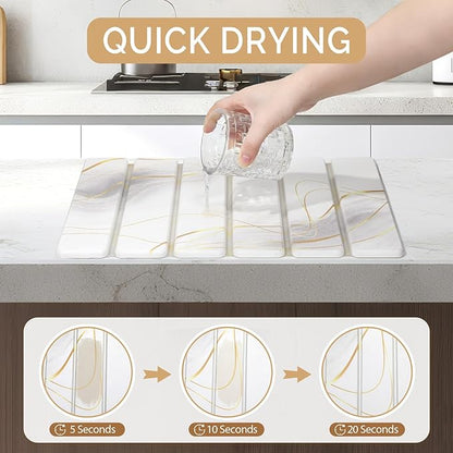 Large Stone Dish Drying Mat for Kitchen Counter, 2PCS Quick Dry Stone Dishes Mat,Foldable Water Absorbing Drying Organizer Pad for Plate Rack Bottles Utensils(Printed White Gold 16"x12" & 8“x4")