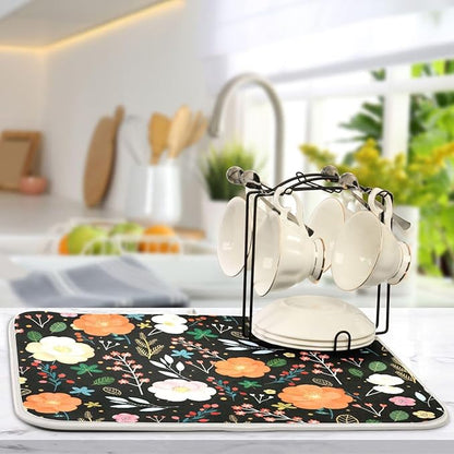 Large Drying Matt for Kitchen Counter Colorful Flowers Microfiber Dish Drying Pad for Dishes Sink Countertop 18'' x 24''