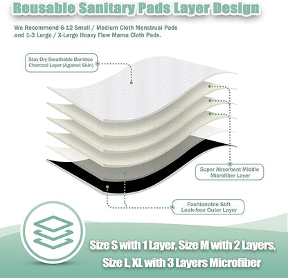 wegreeco Charcoal Reusable Menstrual Pads - Reusable Sanitary Pads | Panty Liners | Soft Cloth Menstrual - 6 Pack with 1 Cloth Mini Wet Bag (Starter Kit Set, Mix Size, Black)
