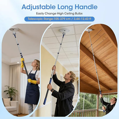 Light Bulb Changer for High Ceilings, 3.4-12.4FT Extension Pole Telescopic Extension Poles for Cleaning, Ceiling Fan Cleaner Duster Kit with Baskets, Suction Cup, Plush Brush for Roof Window Cleaning